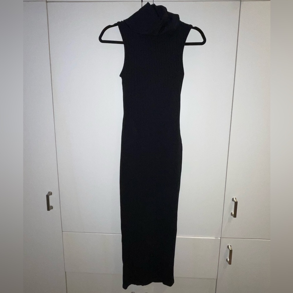 Tight Elegant Black Midi Cowl Neck Sleeveless Ribbed Dress in Perfect Condition